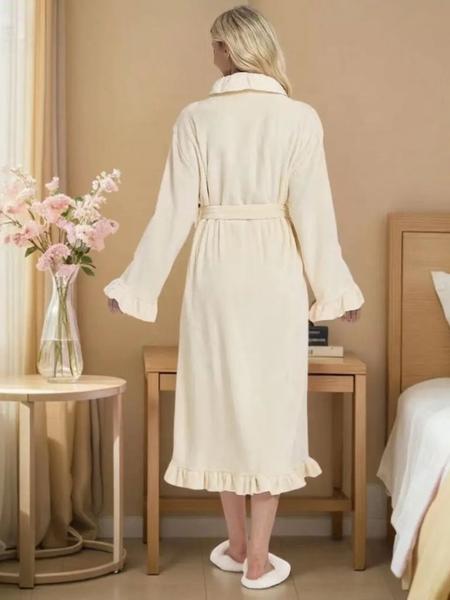 Fall & Winter Fitted Flannel Long Sleeved Robe with Ruffle Hem, Cozy Warmth and Elegant Style, Thick and Soft Layered Bathrobe