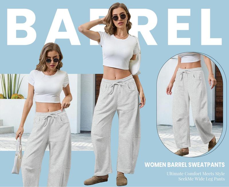 Ommig Women's Barrel Leg Sweatpant Drawstring Elastic Waisted Wide Leg Pants Casual Cotton Palazzo Trousers with Pockets