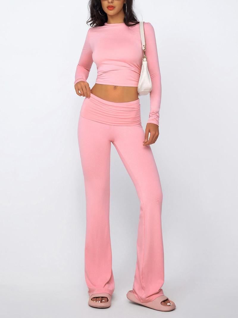 Two-piece Set Women's Solid Color Long Sleeve Coverage Crop Top & High Waist Flare Leg Pants, Casual Fashion Cozy Soft Modal Fabric Round Neck Top & Bell Bottom Trousers for Daily Outdoor Wear, Ladies Clothes for All Seasons, Matching Sets for Women Two-piece Set Women's Solid Color Long Sleeve Coverage Crop Top & High Waist Flare Leg Pants, Casual Fashion Cozy Soft Modal Fabric Round Neck Top & Bell Bottom Trousers for Daily Outdoor Wear, Ladies Clothes for All Seasons, Matching Sets for Women