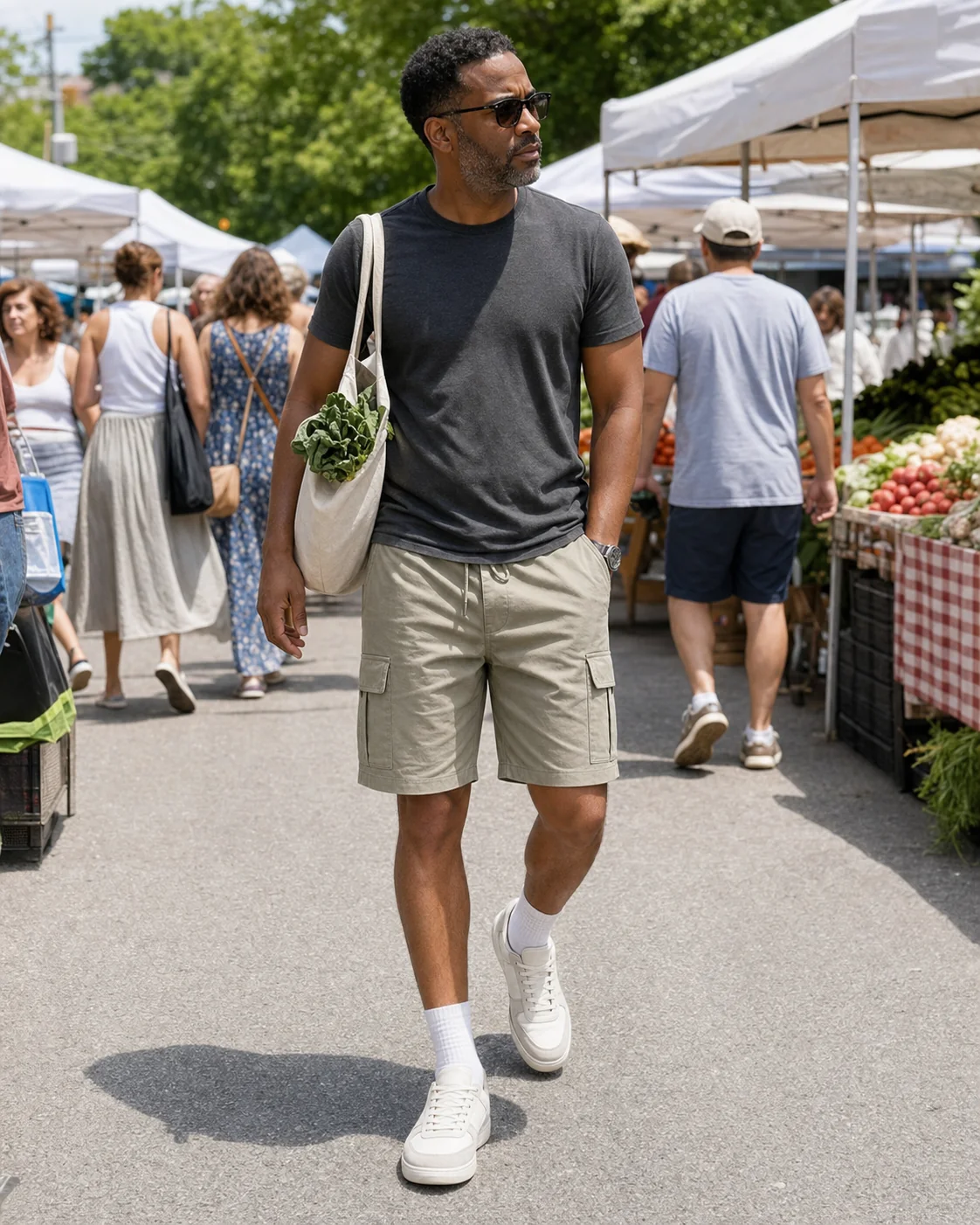 Khaki cargo shorts farmers market style inspiration