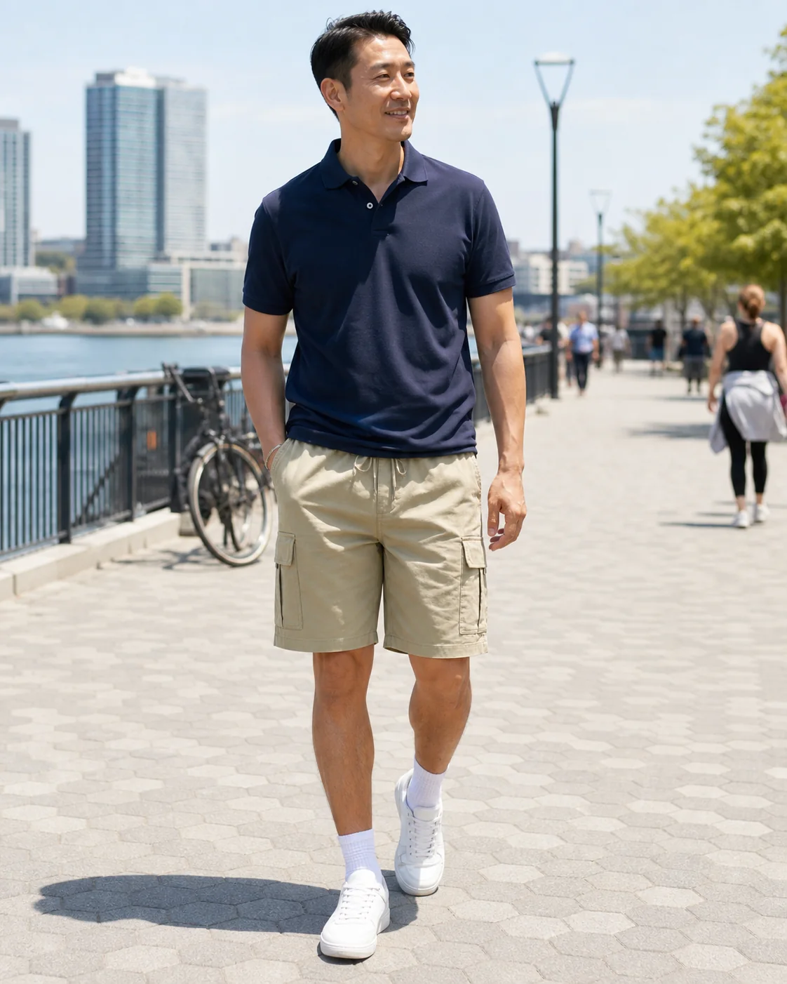 Khaki cargo shorts waterfront style inspiration