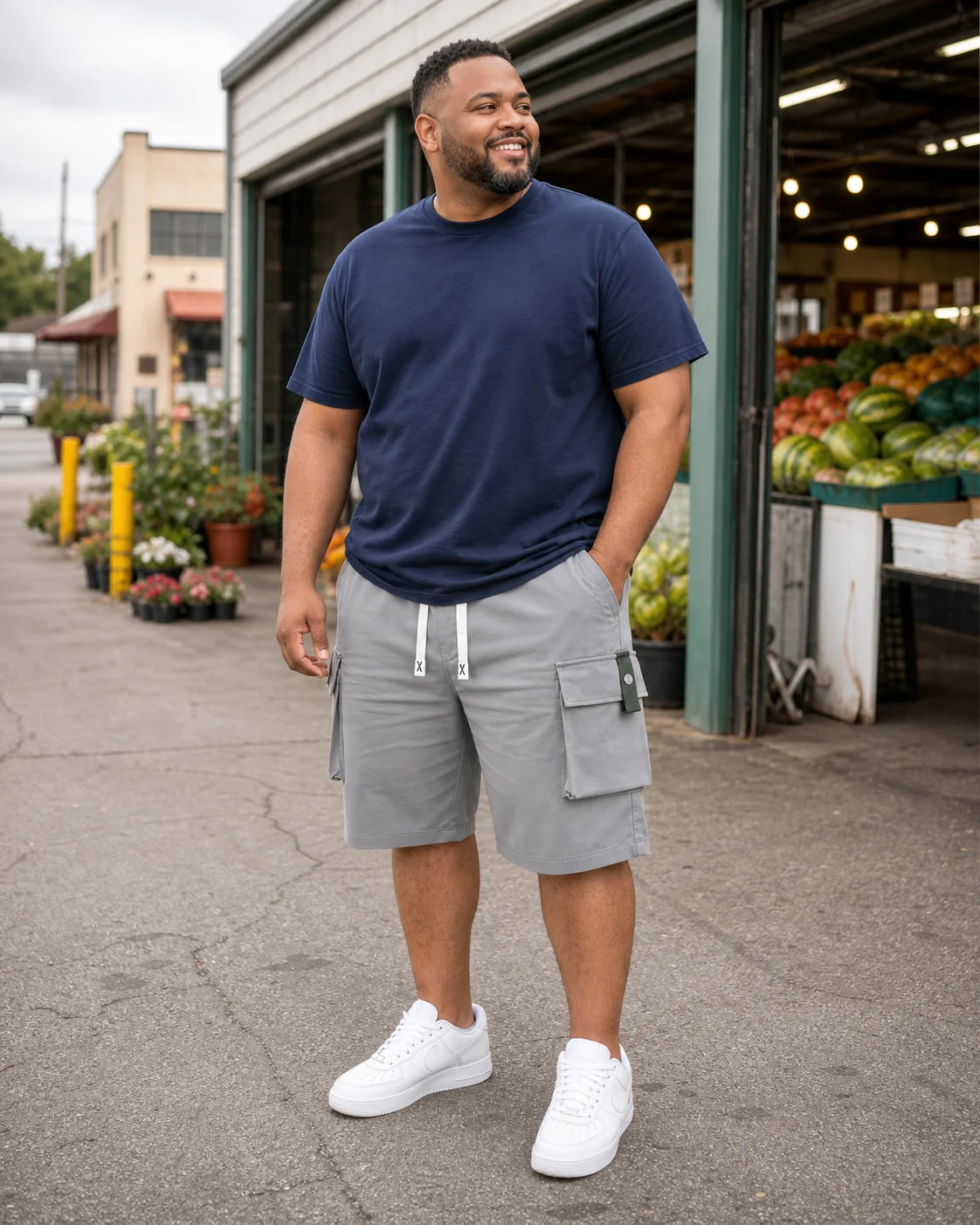 Gray plus-size cargo shorts style inspiration