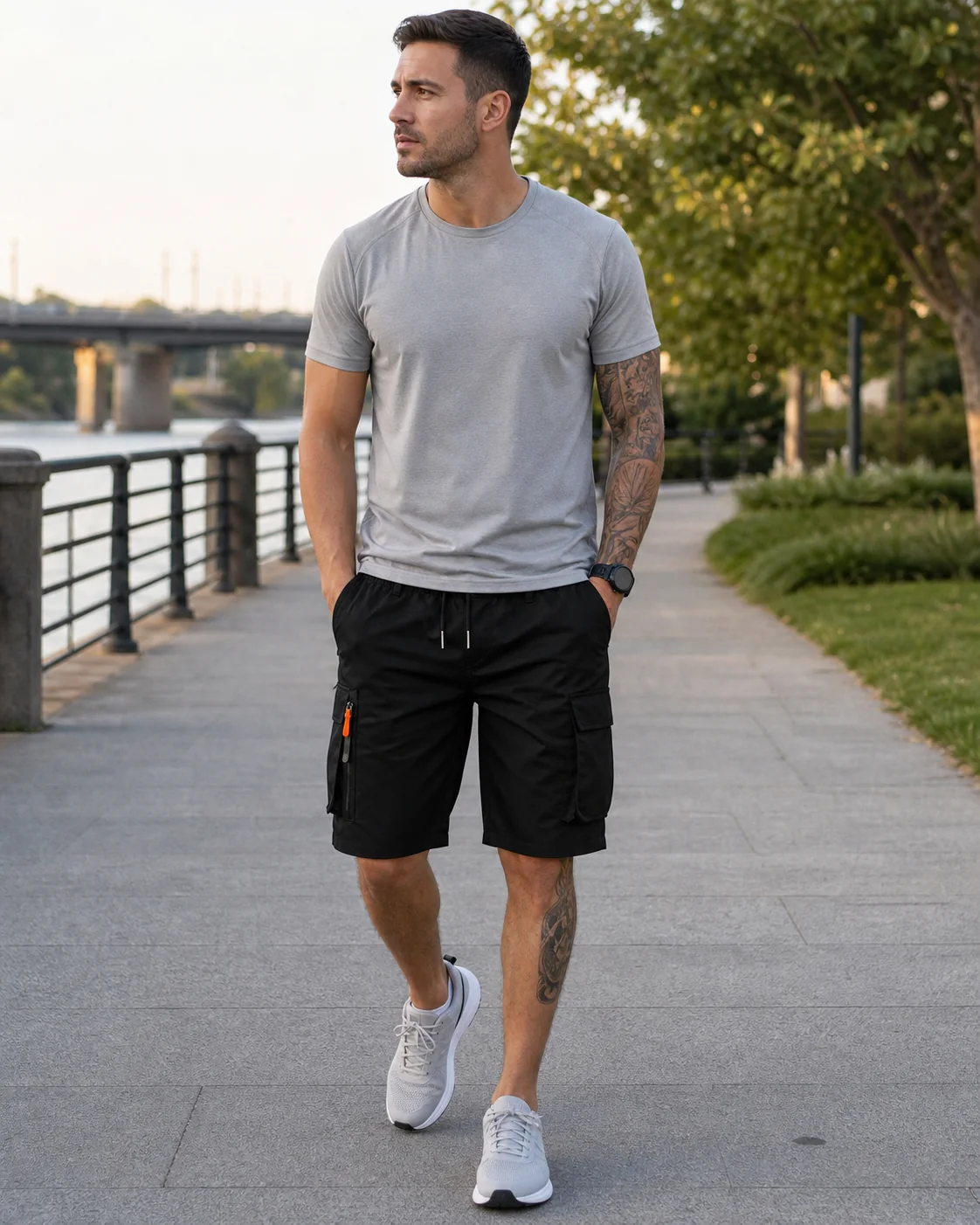 Black athleisure cargo shorts style inspiration