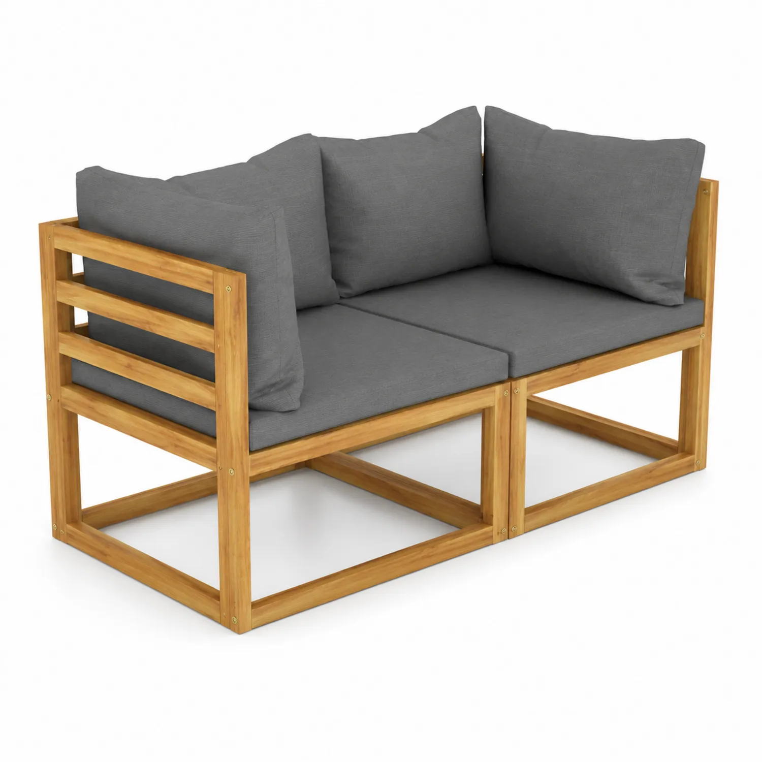 Drewniana sofa z szarymi poduszkami