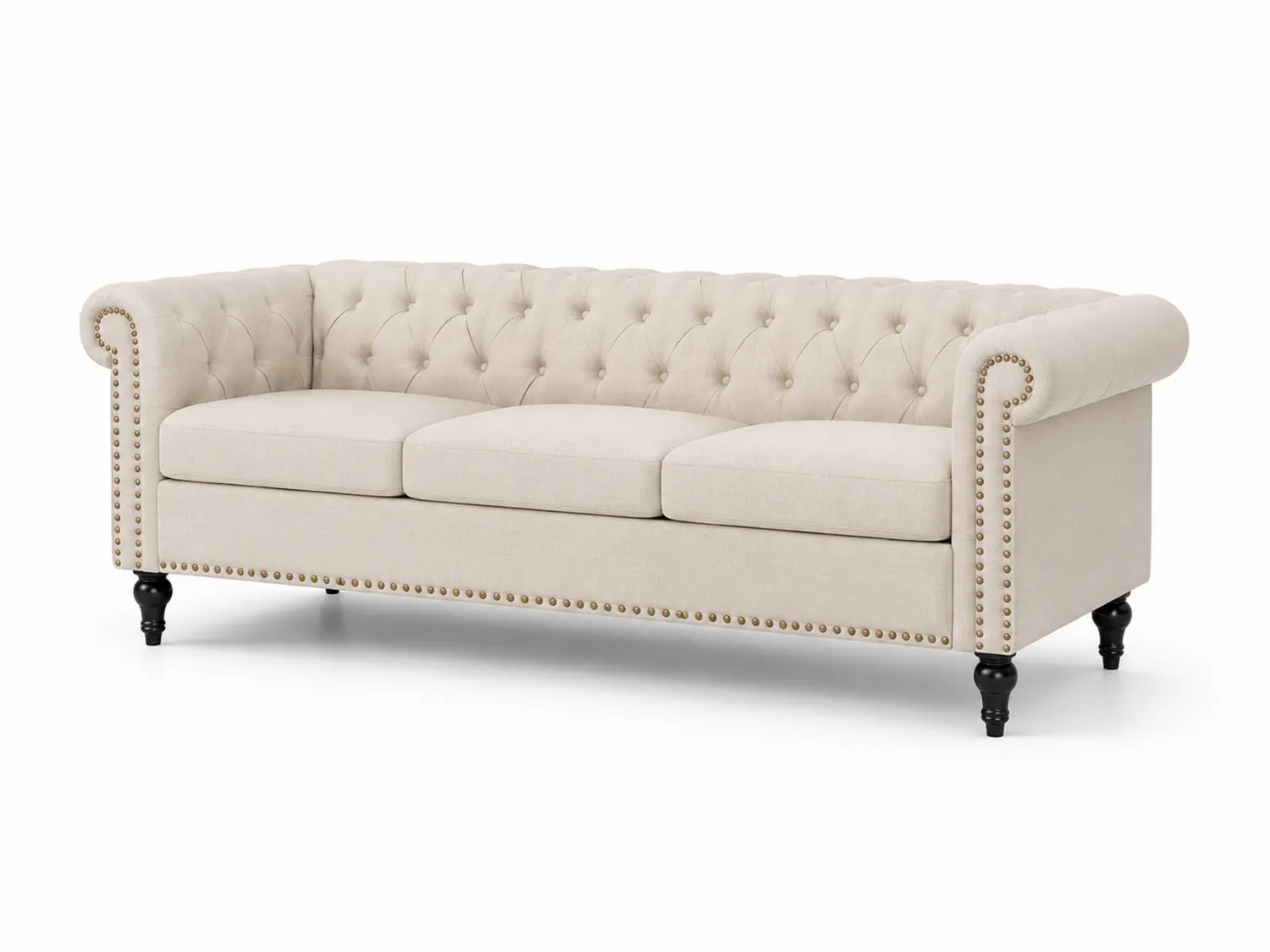 Sofa Chesterfield kremowy lniany 3-osobowy