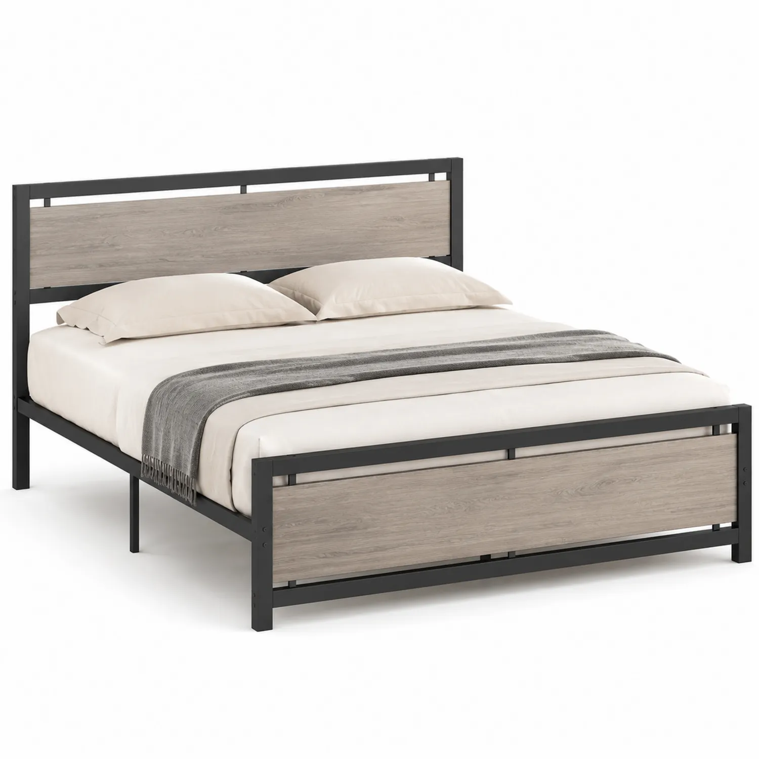 Cama doble de metal negro con tablero de madera 200x160 cm