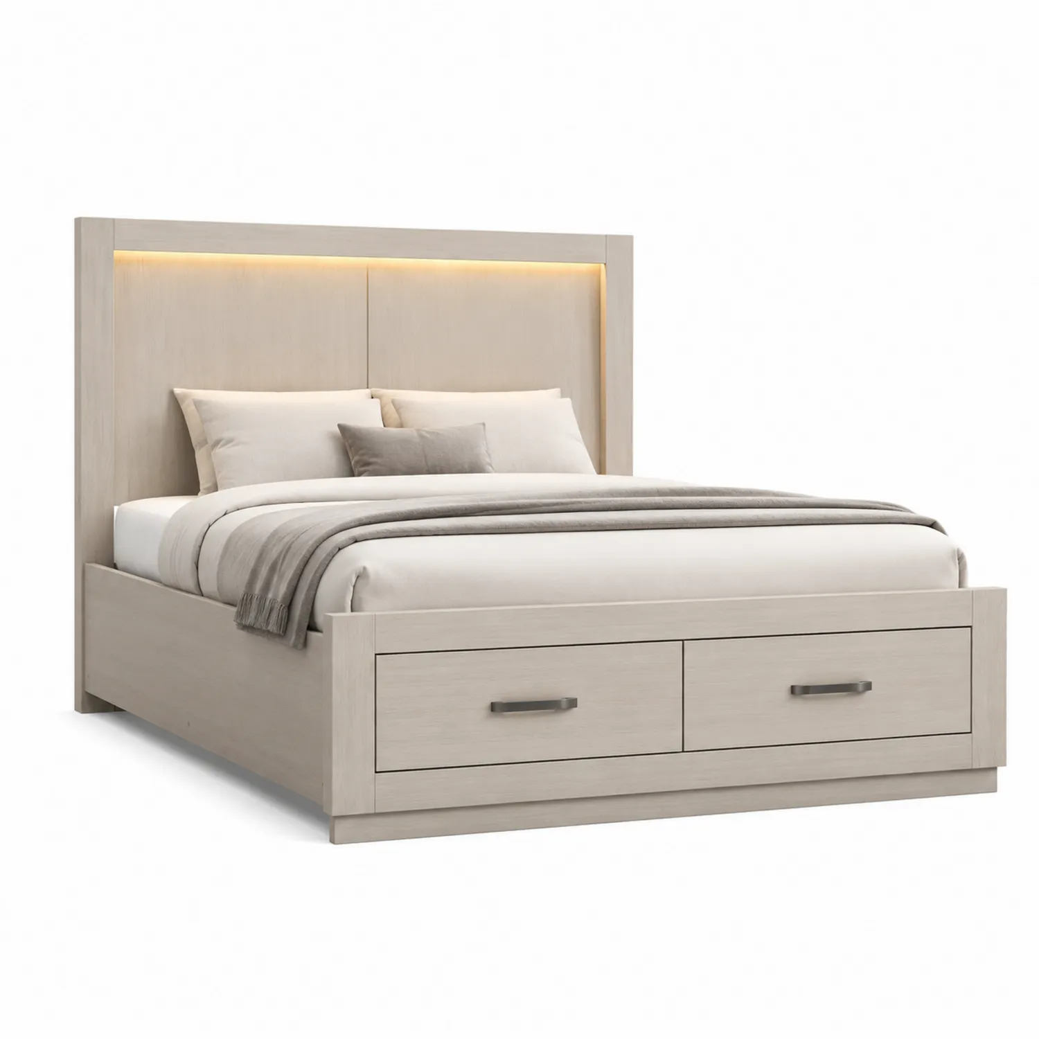 Cama de madera con almacenamiento y LED Beige