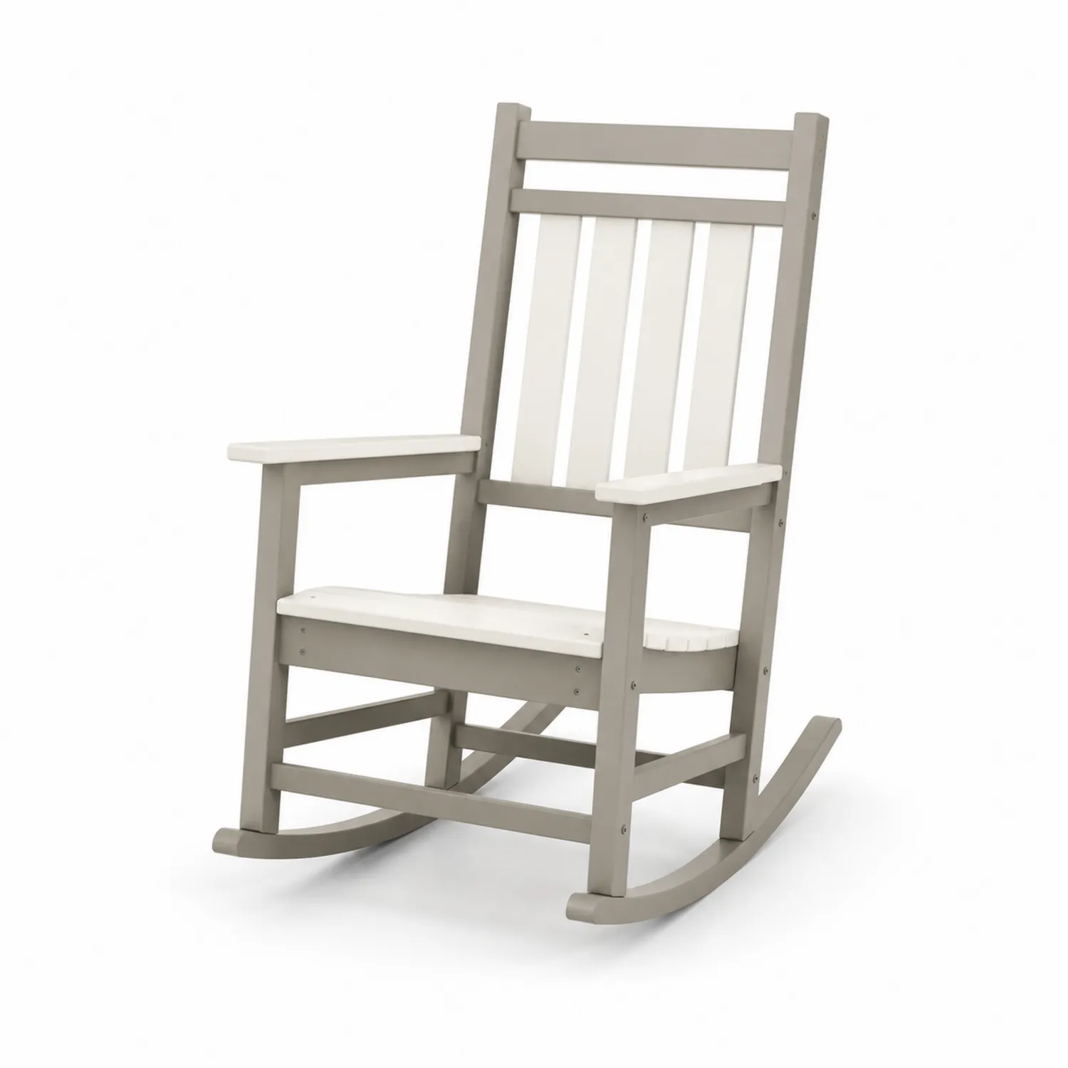 Silla mecedora de plástico reciclado beige y blanca