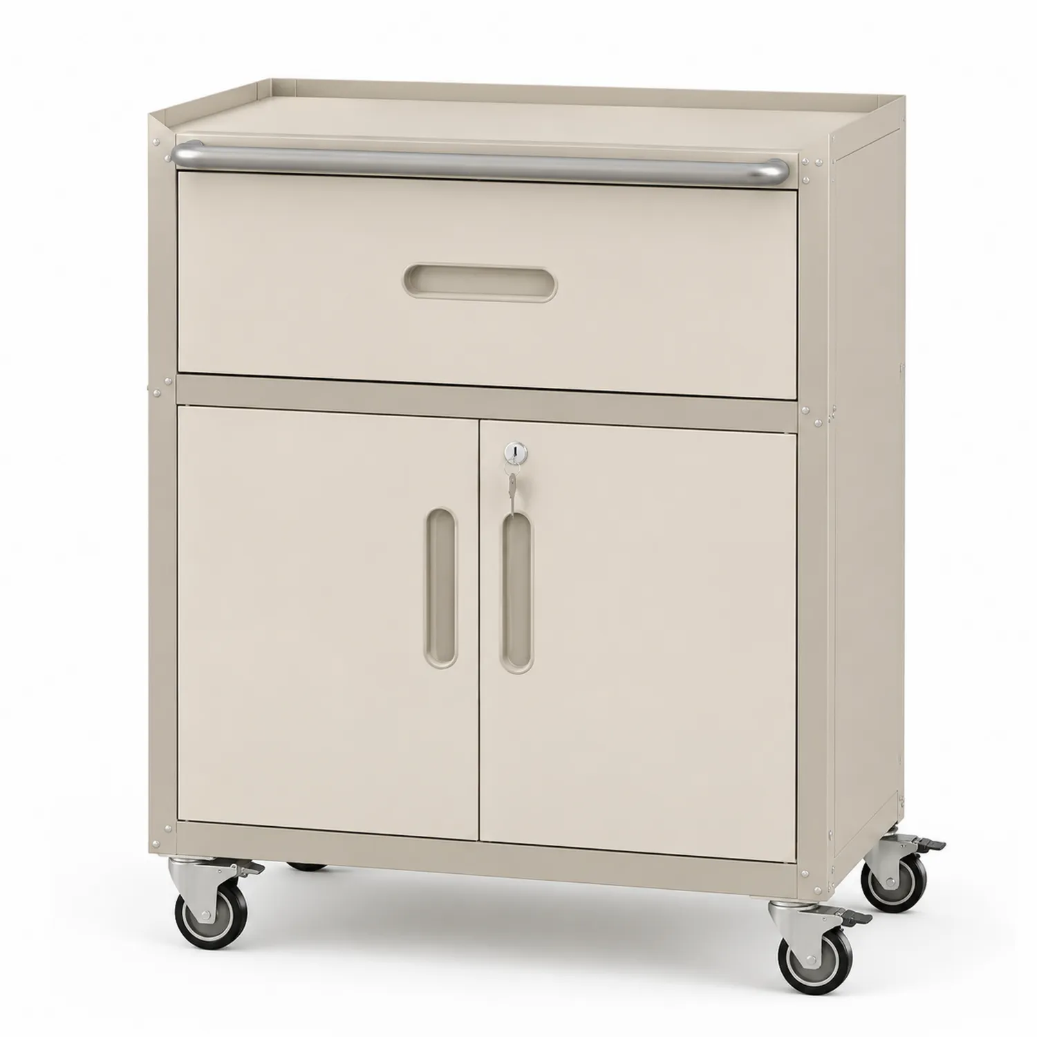 Carro de almacenamiento de acero con ruedas y cerradura Beige