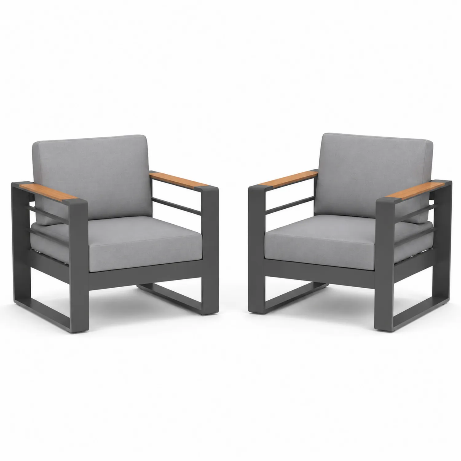 Conjunto de sillones de aluminio gris con cojines de poliéster y brazos de acacia