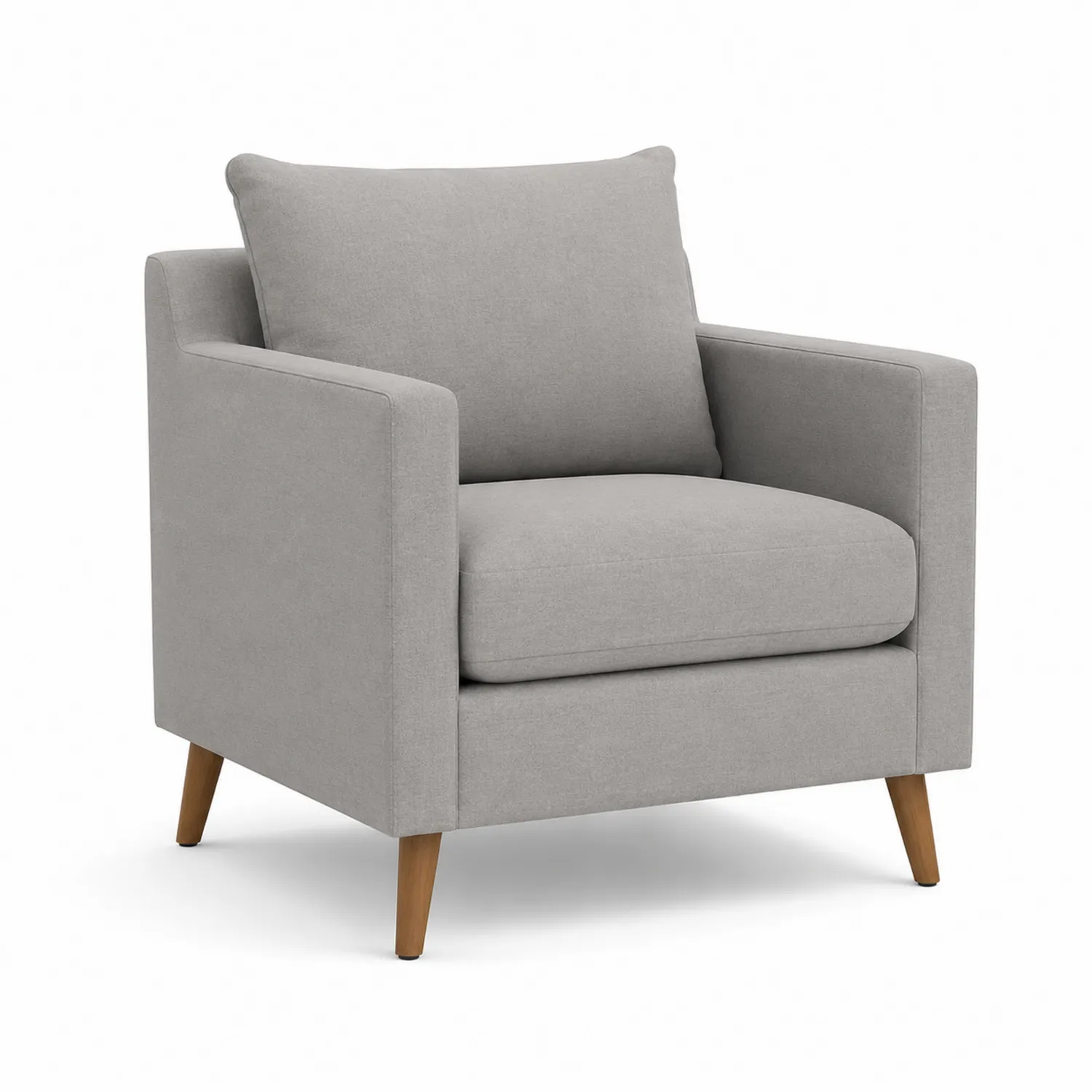 Sillón de tela gris con patas de madera