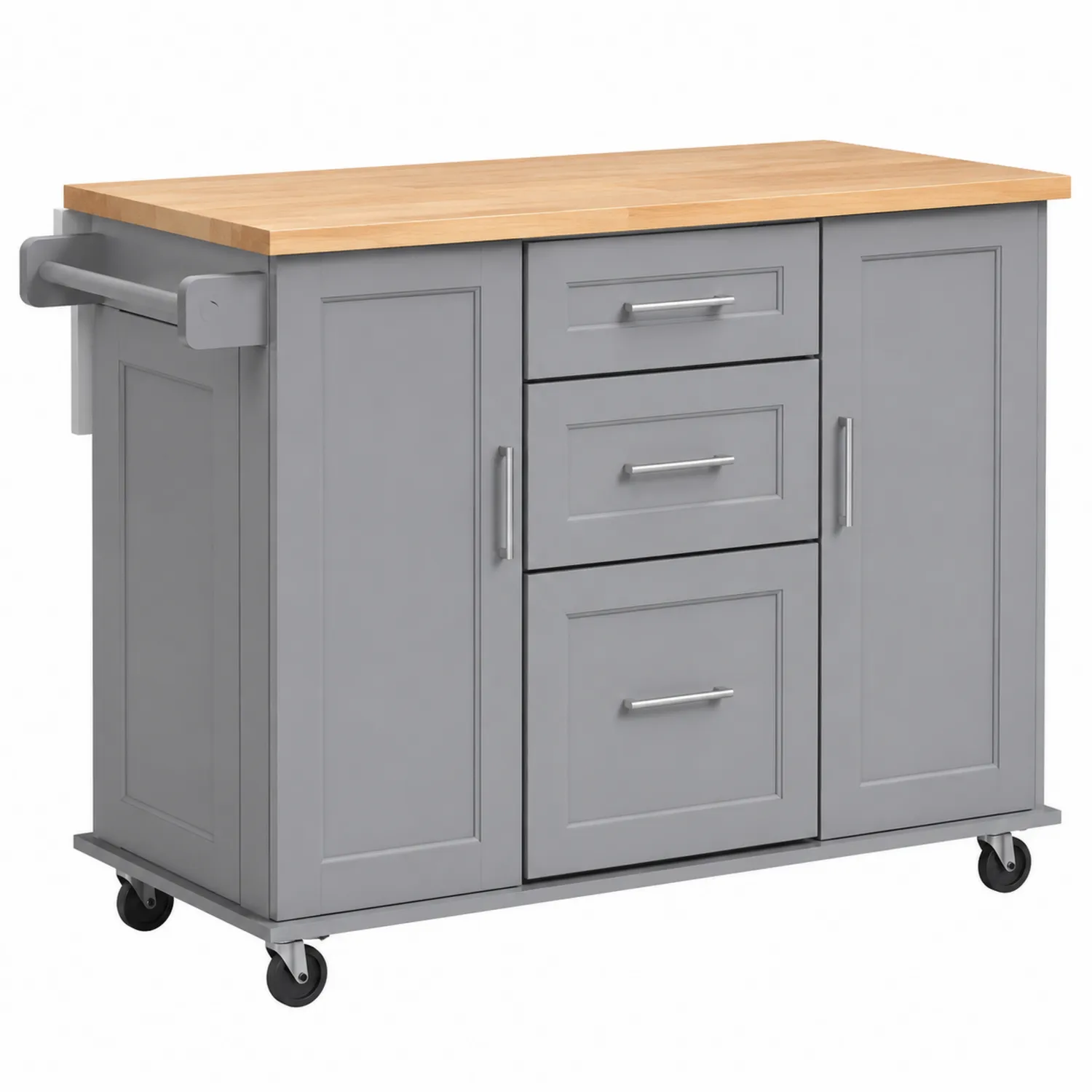 Carrito de cocina gris con encimera de madera de caucho