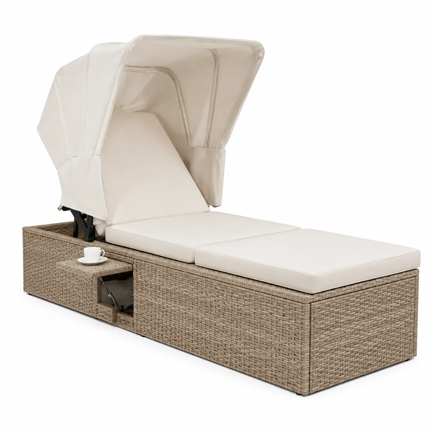 Tumbona de Ratán con Toldo Ajustable Beige
