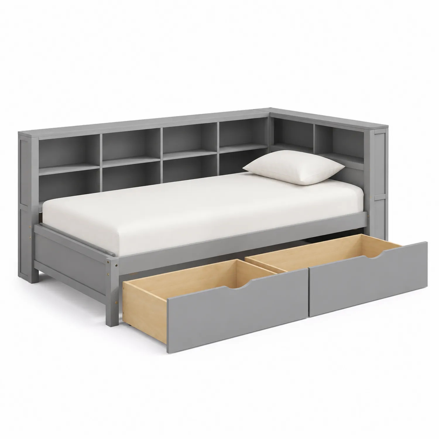 Cama de día gris con almacenamiento y estantería de madera