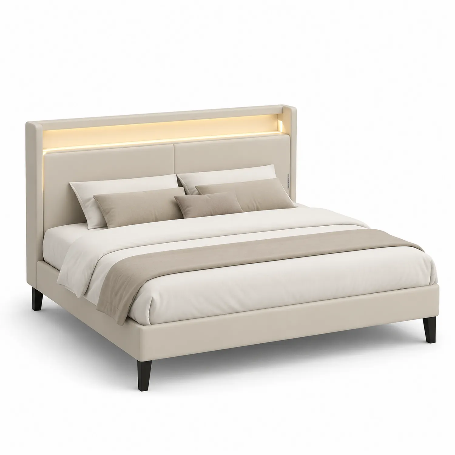 Cama doble con cabecero iluminado de cuero sintético beige y patas de madera 200x160 cm