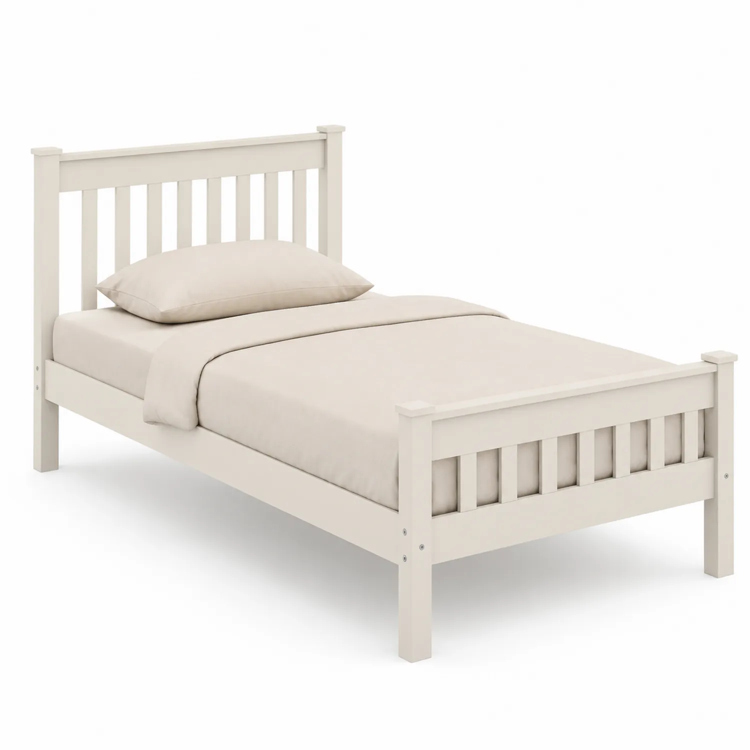 Cama individual de madera con colchón y almohada
