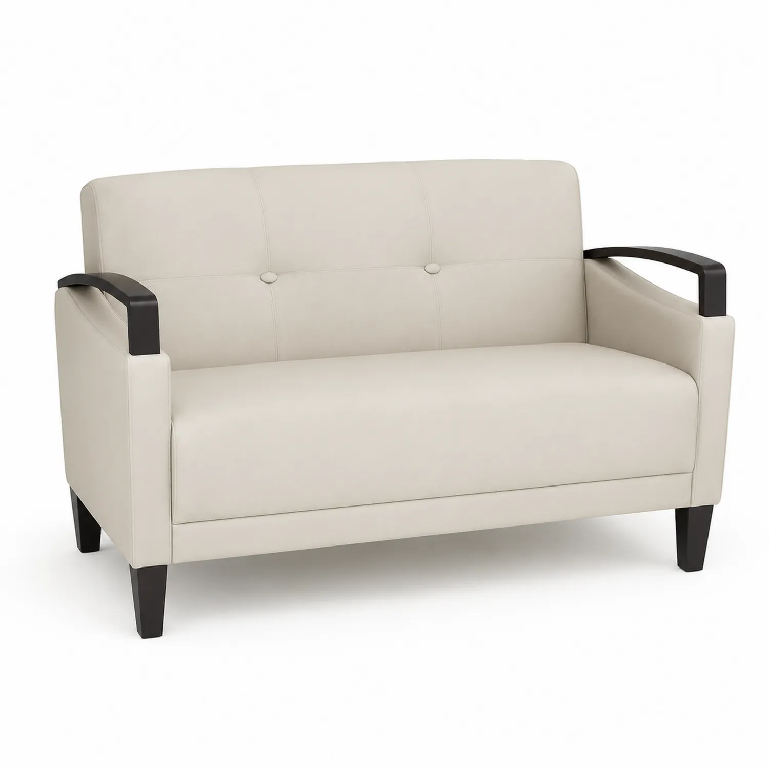 Sofá de 2 plazas de cuero sintético beige con brazos de madera maciza