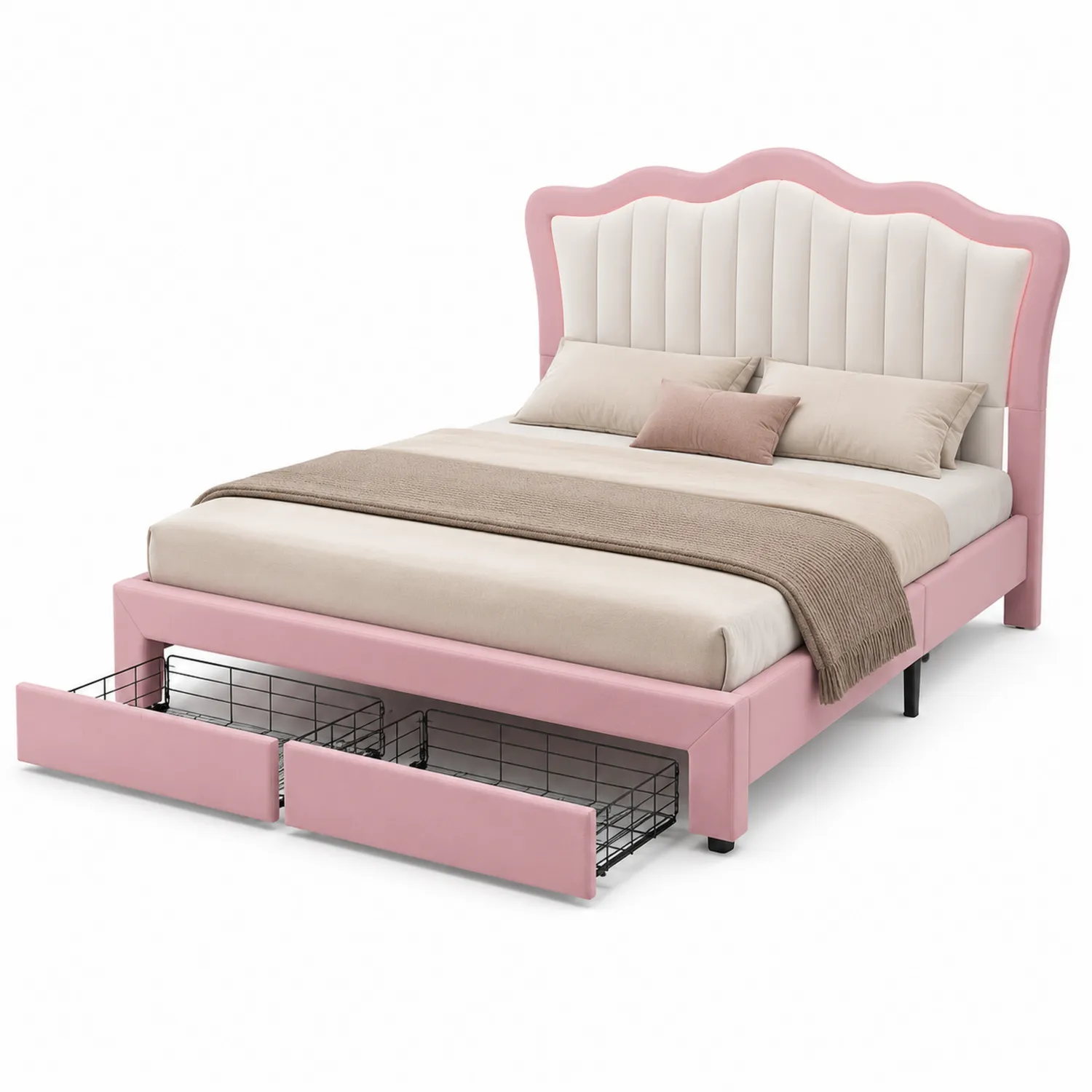 Cama matrimonial tapizada de tela sintética rosa con cajones de metal