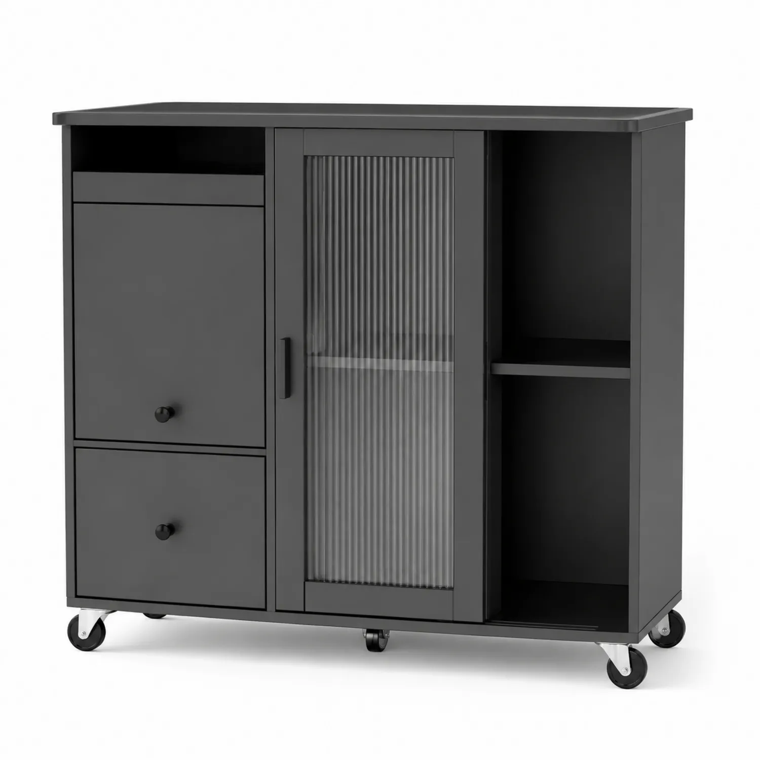 Isla de cocina con ruedas, puerta de vidrio y cajones