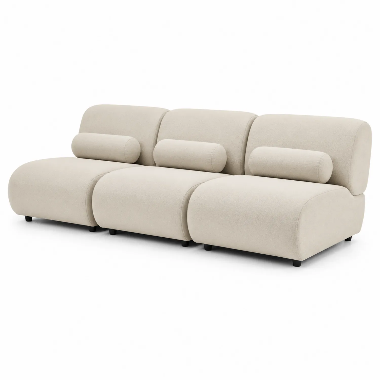 Sofá modular de 3 plazas de tela beige con cojines cilíndricos