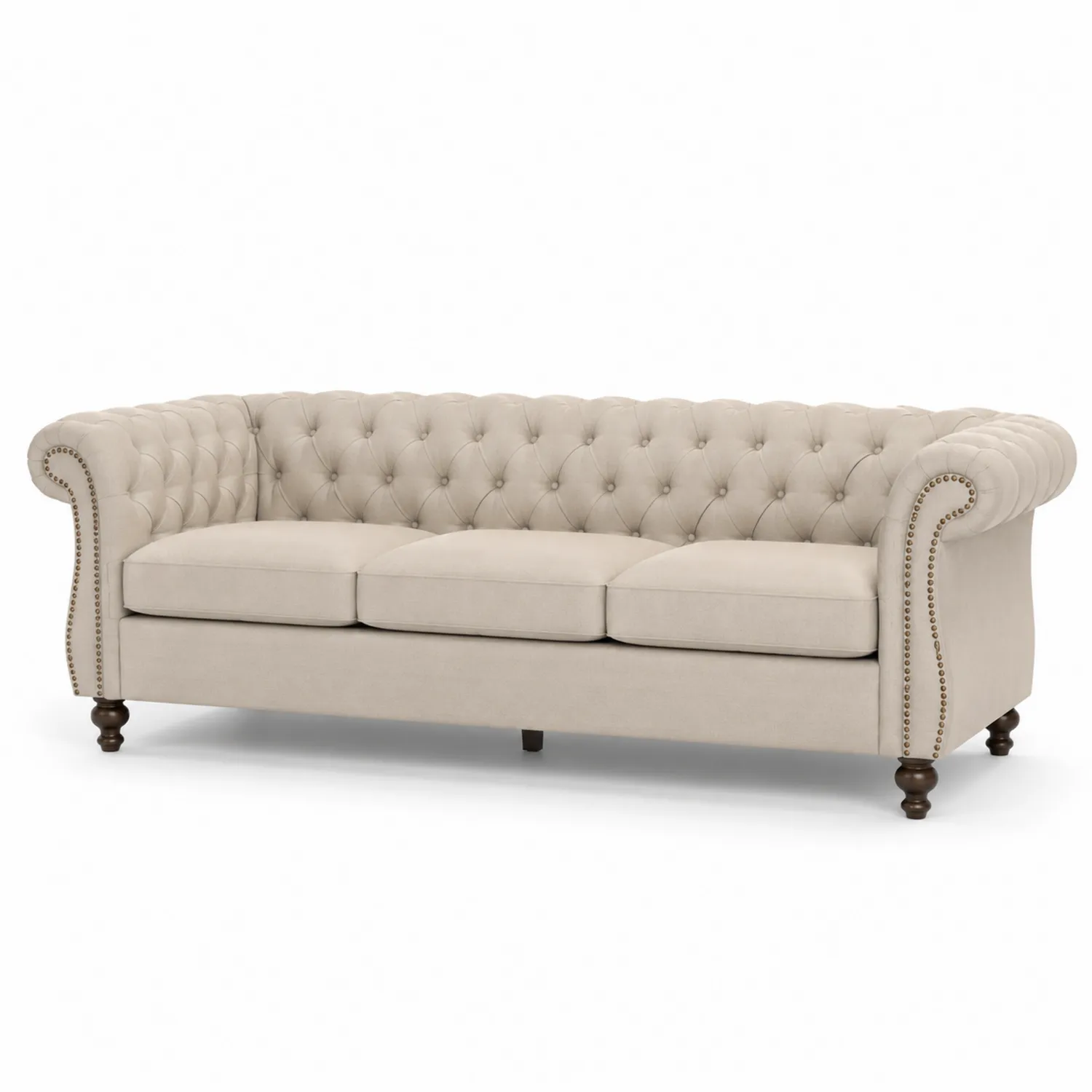 Sofá Chesterfield Beige 3 Plazas Poliéster