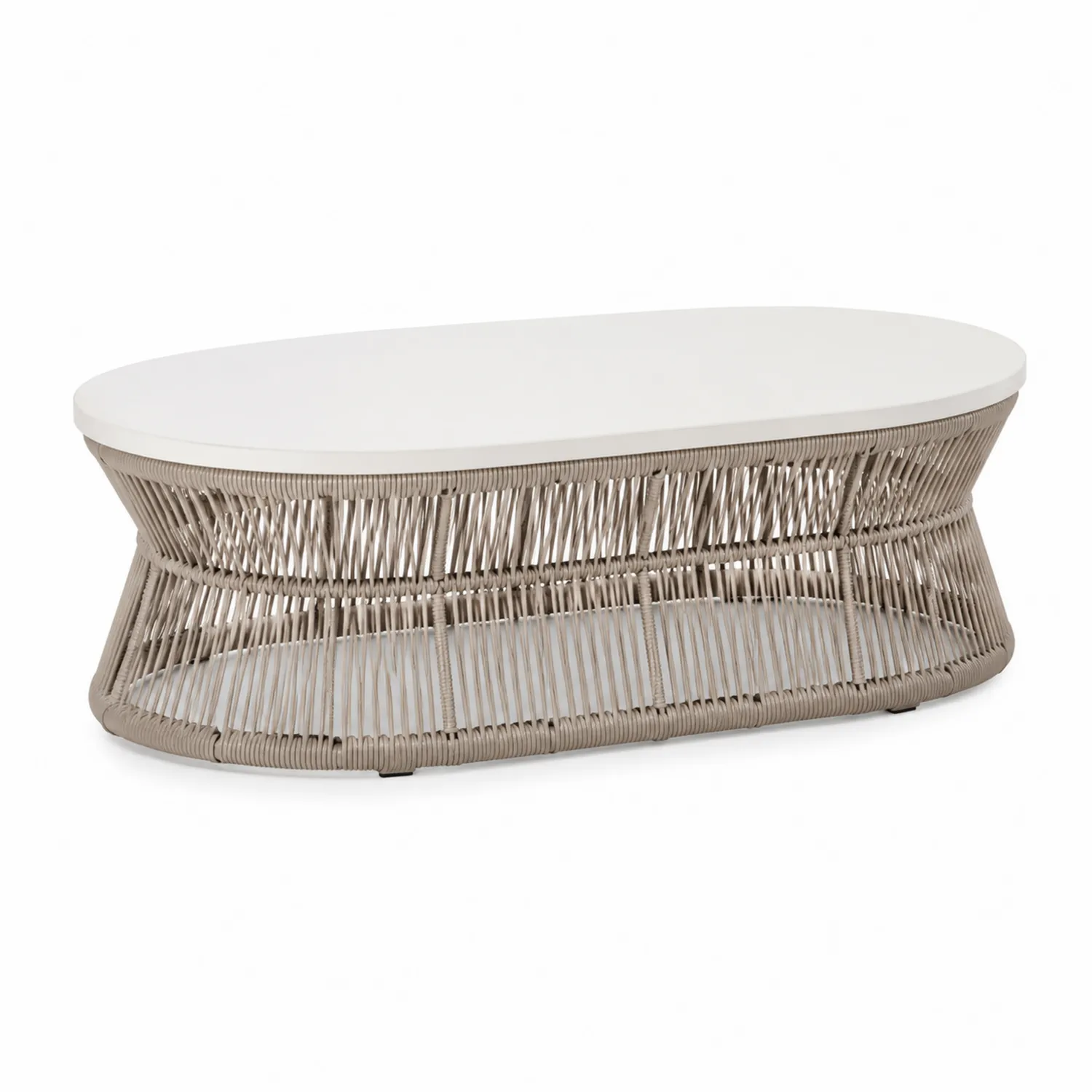 Mesa de centro ovalada de aluminio con superficie de MDF y cuerdas sintéticas