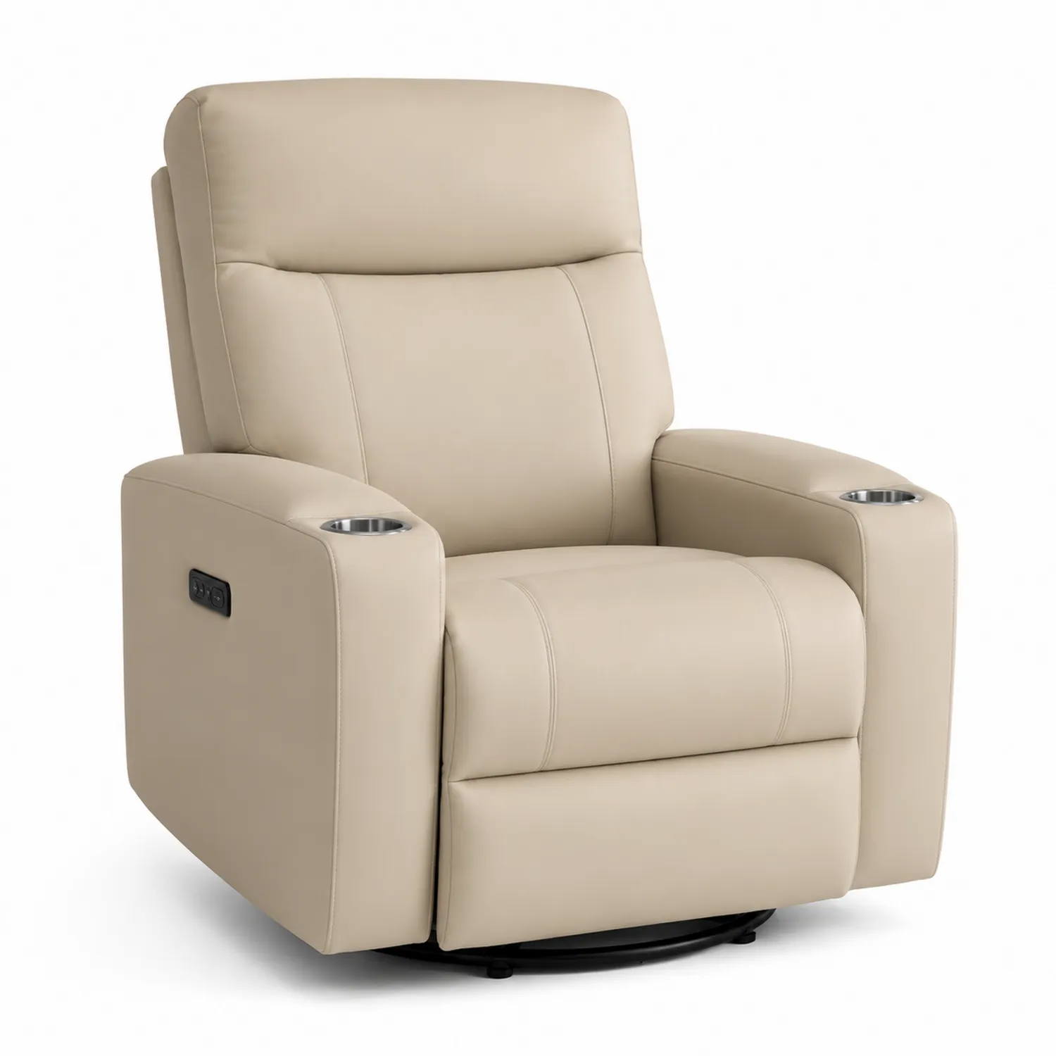 Sillón reclinable giratorio de cuero sintético beige con portavasos