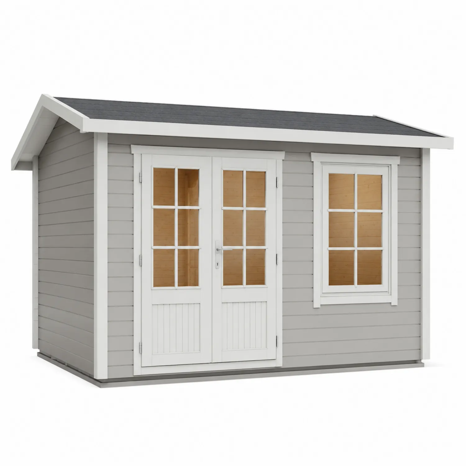 Cobertizo de Madera de Pino Gris con Ventanas de Vidrio y Puerta Doble