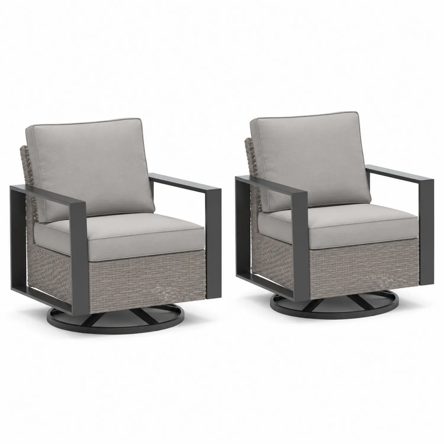 Conjunto de 2 sillones giratorios de aluminio y ratán gris