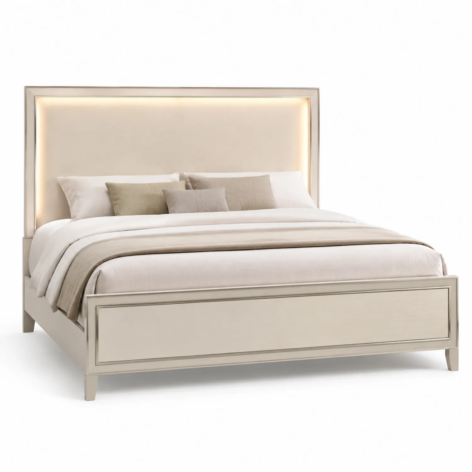 Cama matrimonial con cabecero tapizado LED en madera y tela de poliéster crema 200x160 cm