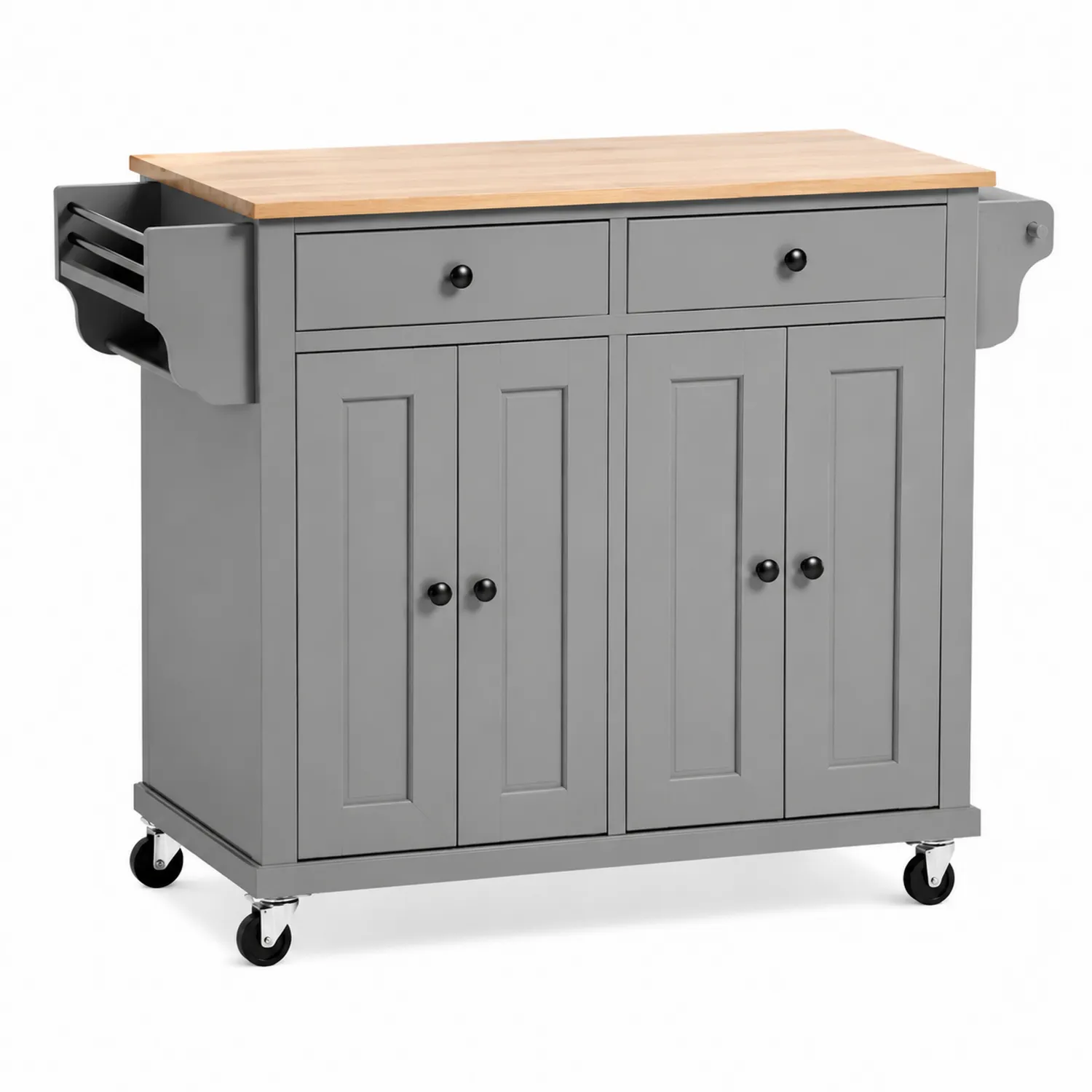 Carrito de cocina gris con superficie de madera de caucho y ruedas