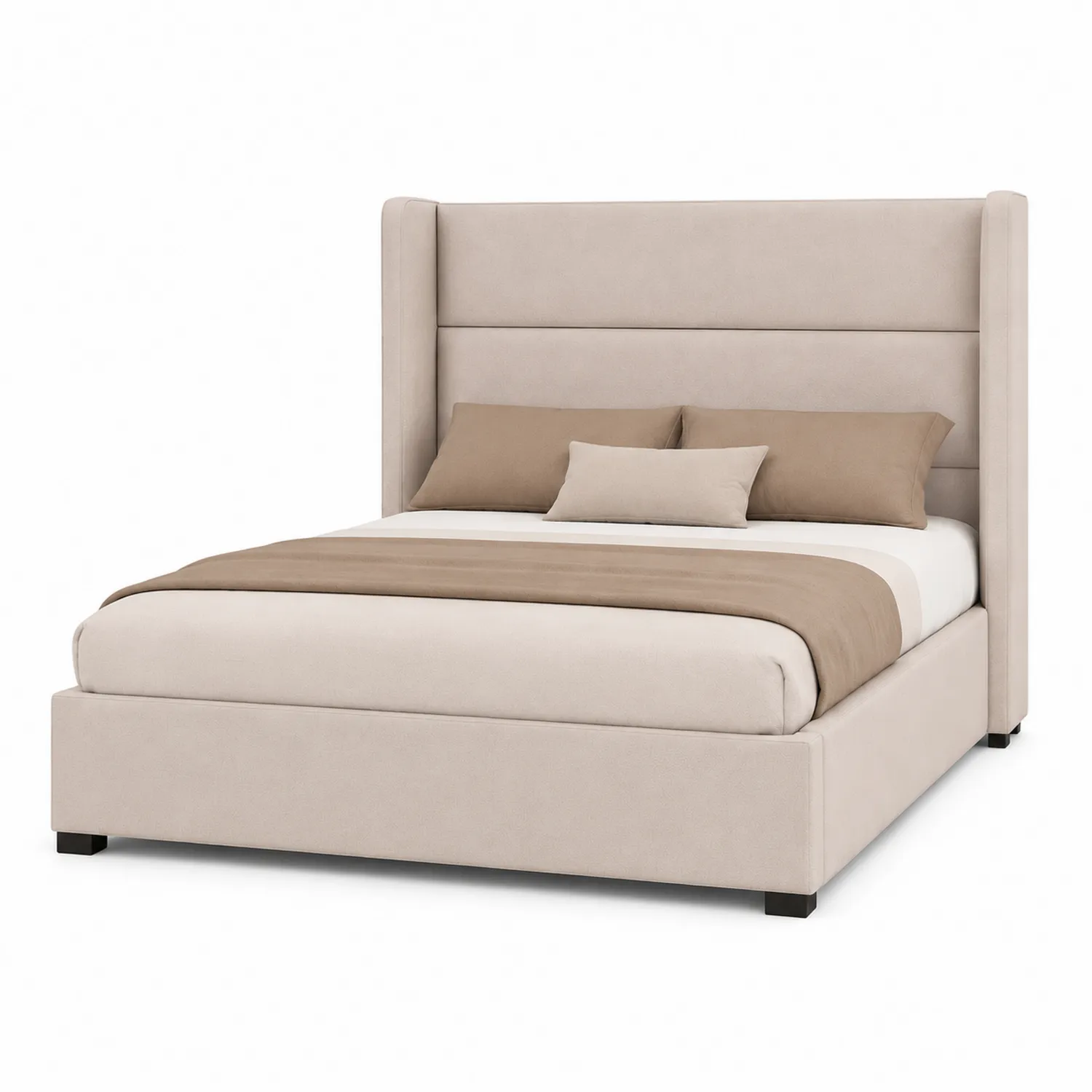 Cama matrimonial tapizada en tela beige con cabecera alta 200x150 cm