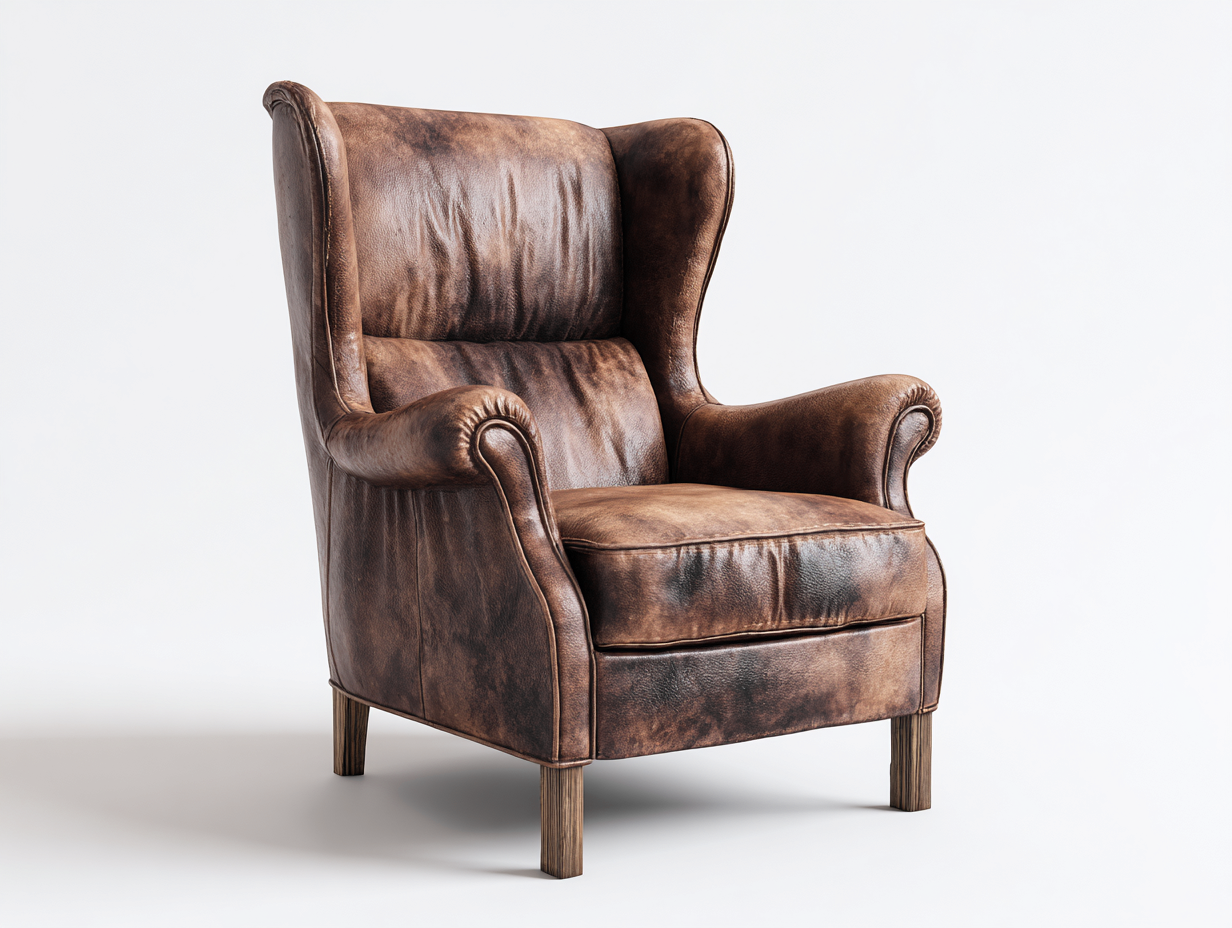 Fauteuil à oreilles en revêtement aspect cuir marron 82x88x112 cm pour salon - dossier haut enveloppant - style classique-Cottamynest
