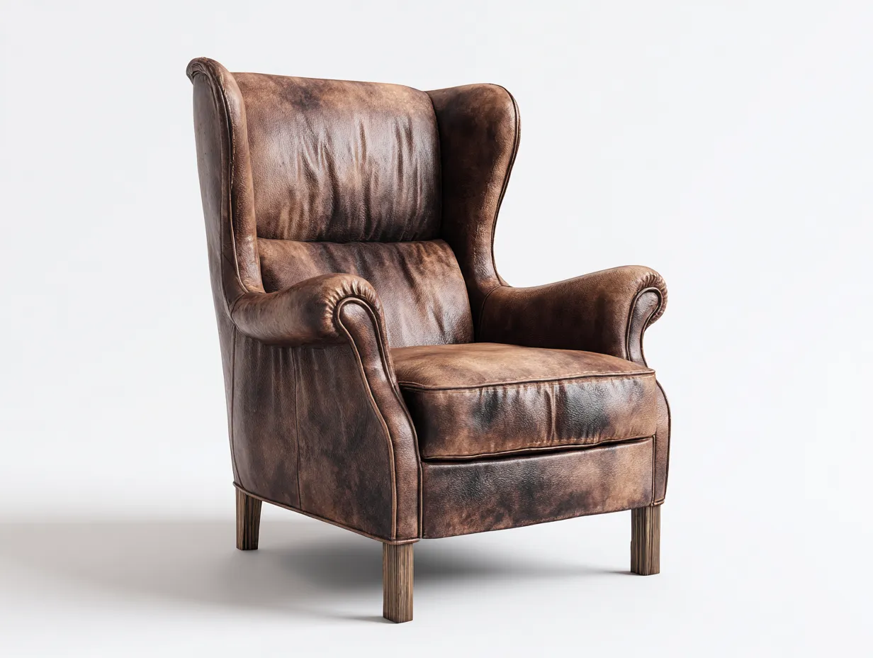 Fauteuil à oreilles en revêtement aspect cuir marron 82x88x112 cm pour salon - dossier haut enveloppant - style classique-Cottamynest