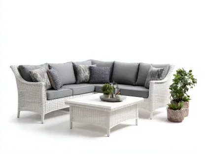 Canapé de jardin - rotin synthétique-tissu - 215 x 215 x 78 cm - gris-blanc - style moderne-Cottamynest