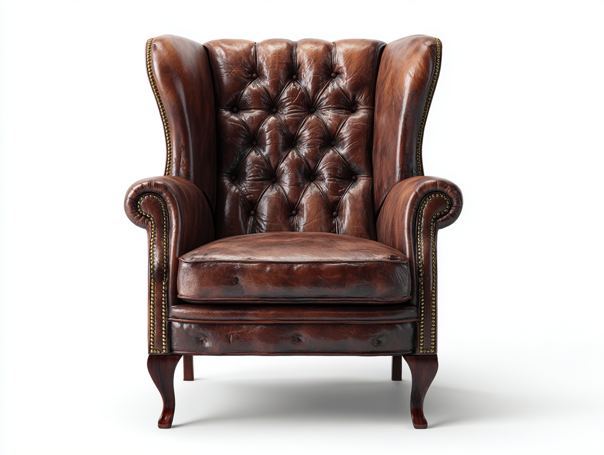 Fauteuil à oreilles en cuir marron 84x86x115 cm pour salon - dossier capitonné - style classique-Cottamynest