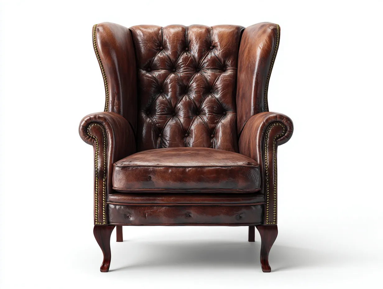 Fauteuil à oreilles en cuir marron 84x86x115 cm pour salon - dossier capitonné - style classique-Cottamynest