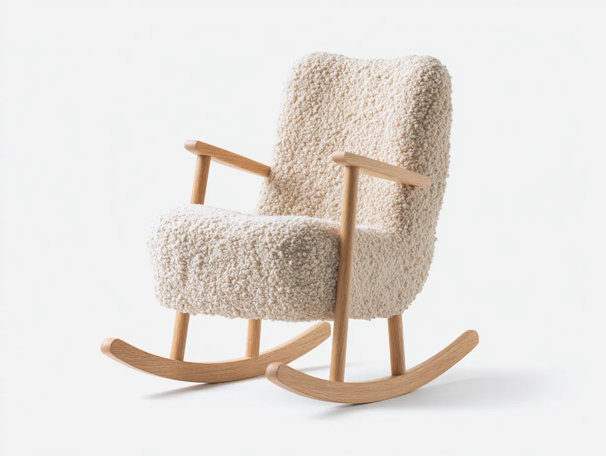 Fauteuil à bascule-tissu bouclé-bois-74x90x102 cm-crème-style nordique-Cottamynest