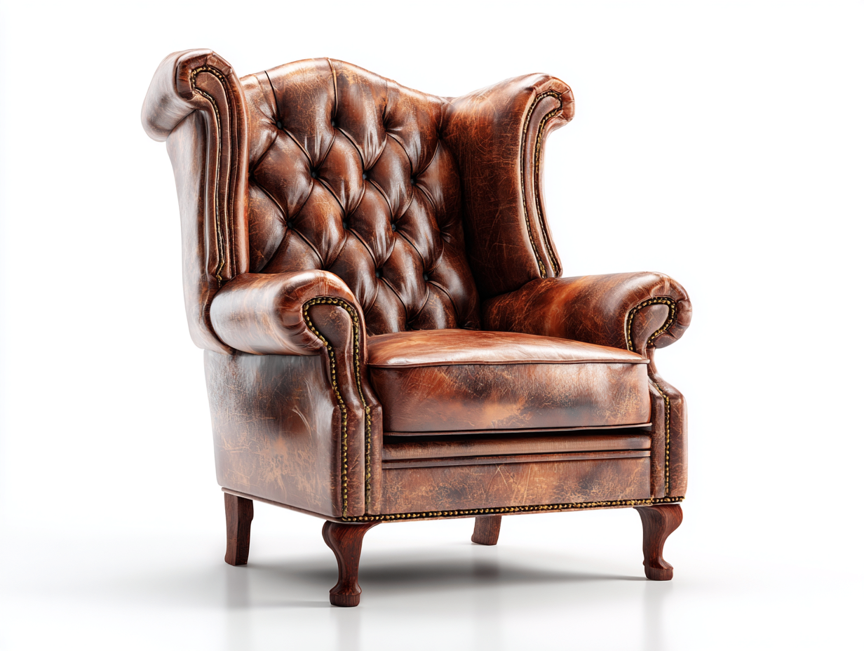 Fauteuil à oreilles en cuir marron 86x84x112 cm pour salon - dossier capitonné - style classique-Cottamynest