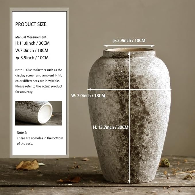  POTIWELL Tall Ceramic Rustic Farmhouse Vase, Mottled Glaze Terracotta Vase Pottery Vase for Home Decor, Pampas Grass, Living Room, Table Decoration, Shelf Decor, Mantel