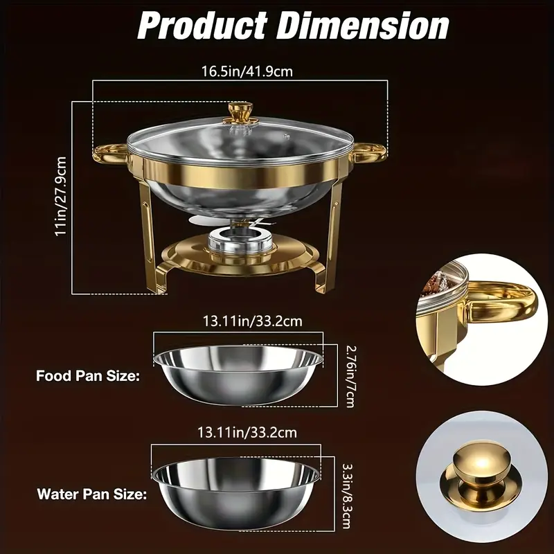 new high end stainless steel buffet warmer 5qt 95 pre assembled round buffet hot pot with transparent glass lid and lid holder stainless steel hot pot food warming tray suitable for outdoor picnics family christmas dinners party catering events wedding celebrations cooking with safety rolled edges chef grade food warmer chafing dish in golden Product details 4