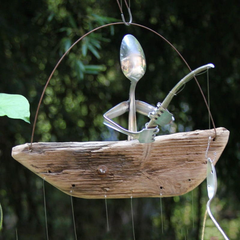 Handmade Fishing Man Spoon Fish Sculpture Wind Chime