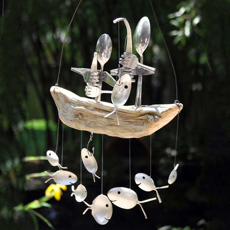 Handmade Fishing Man Spoon Fish Sculpture Wind Chime
