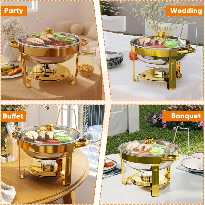buffet hot pot with glass lid 5qt stainless steel gold round self service hot pot complete with a stainless steel gold stand and buffet heater set with glass lids cooking food warmer chafing dish Product details 5