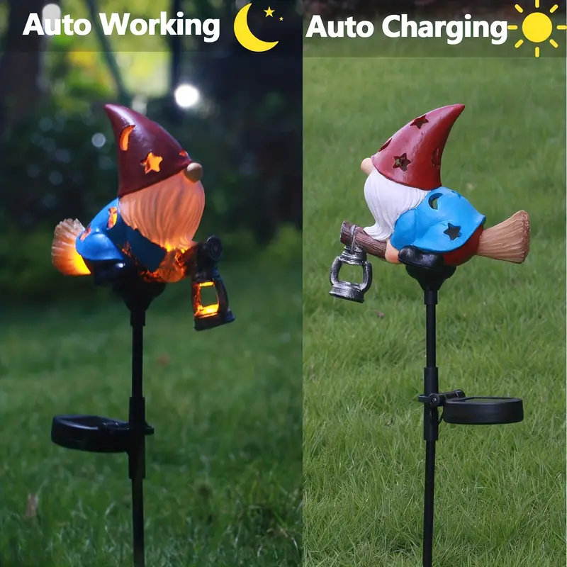 Gnome Statue on a Broom | Solar Light