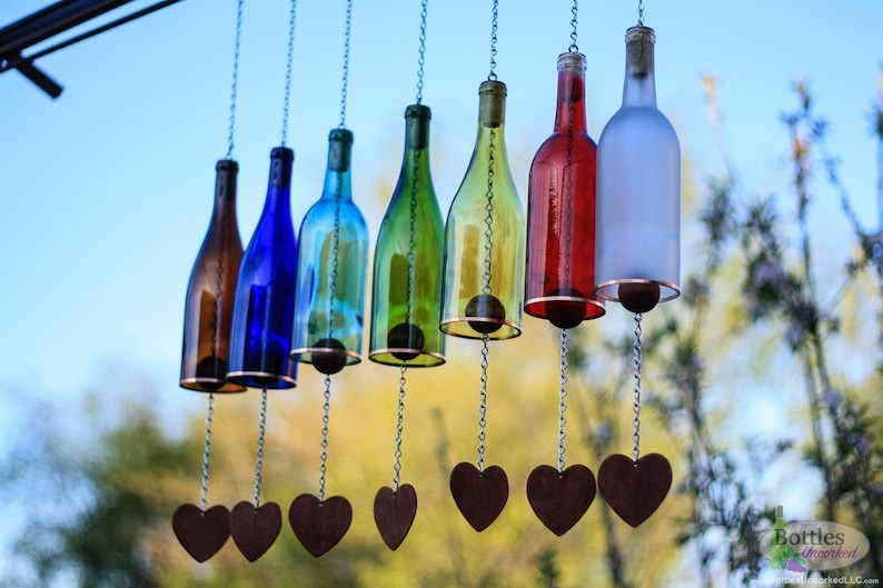 Wind chimes decorated with glass wine bottles, outdoor gardens, unique wine gifts, and home decor