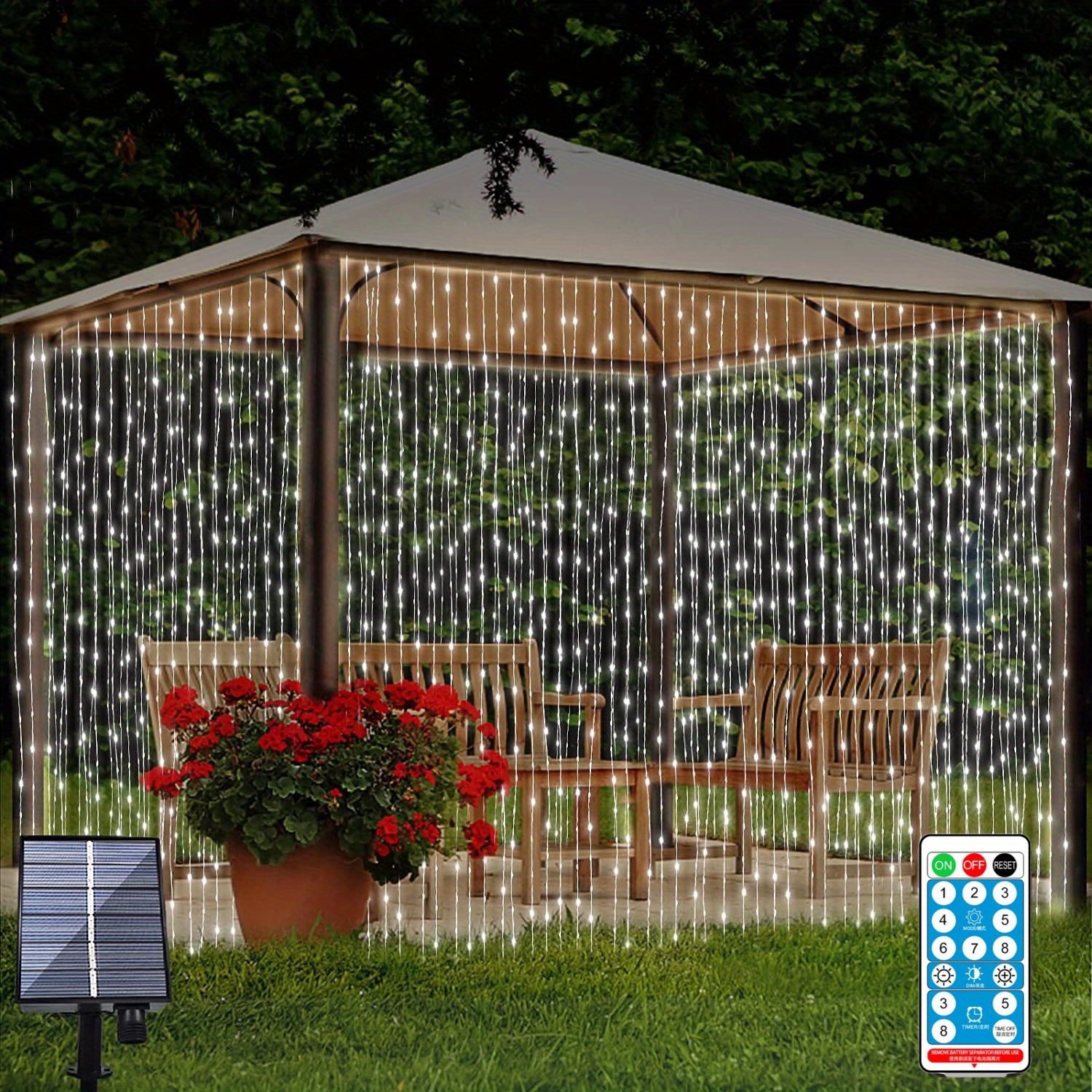 300 LEDs Solar Curtain Light, Outdoor Remote Control Light, 8 Lighting Modes Fairy Lights  IP65 Waterproof Copper Wire Lights Christmas Party Wedding Home Bedroom Garden Wall Decor, 8.86''x6.56''