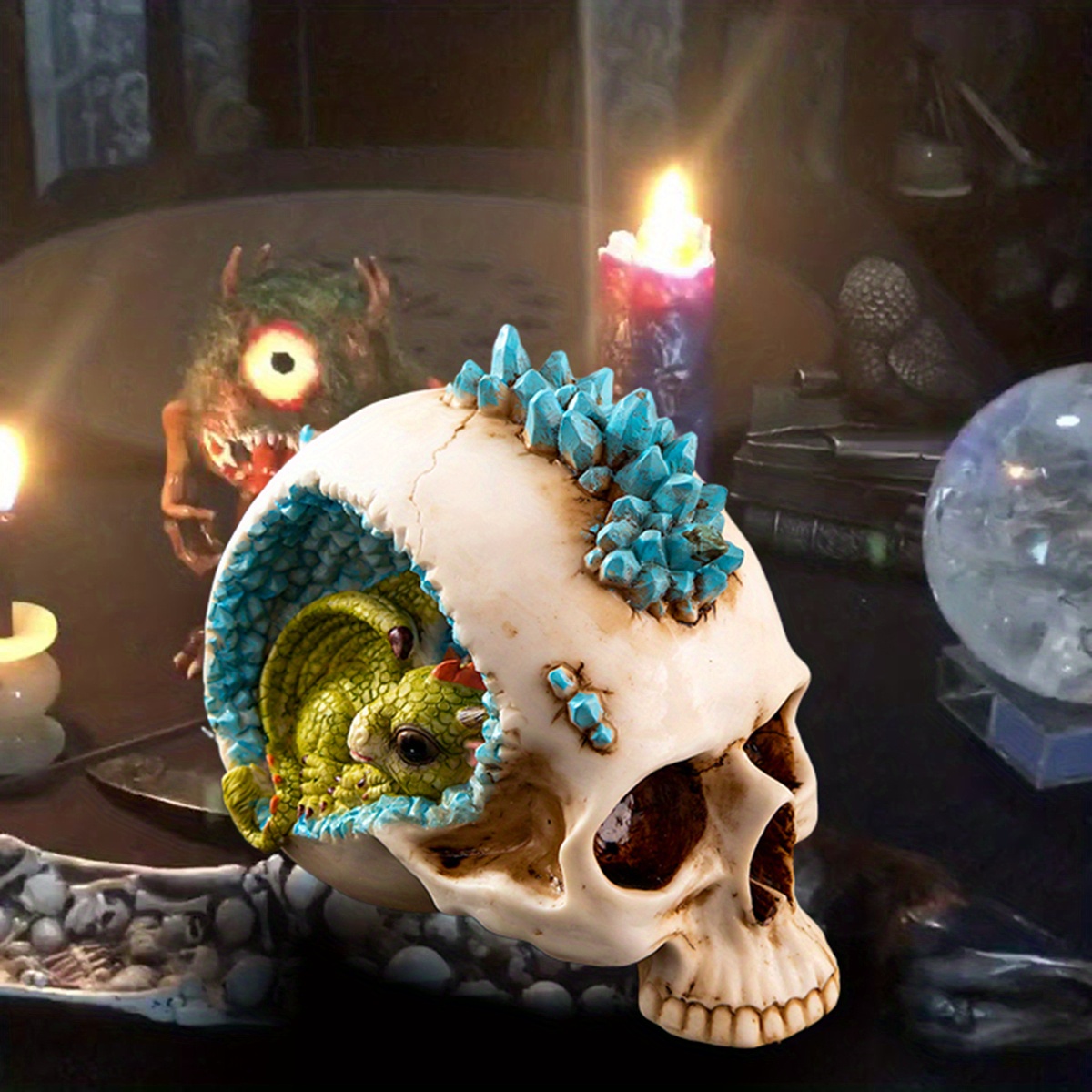 Realistic Skull Statue, Creative Horror Skull Decor, Cute Baby Dragon In Skull Figurine