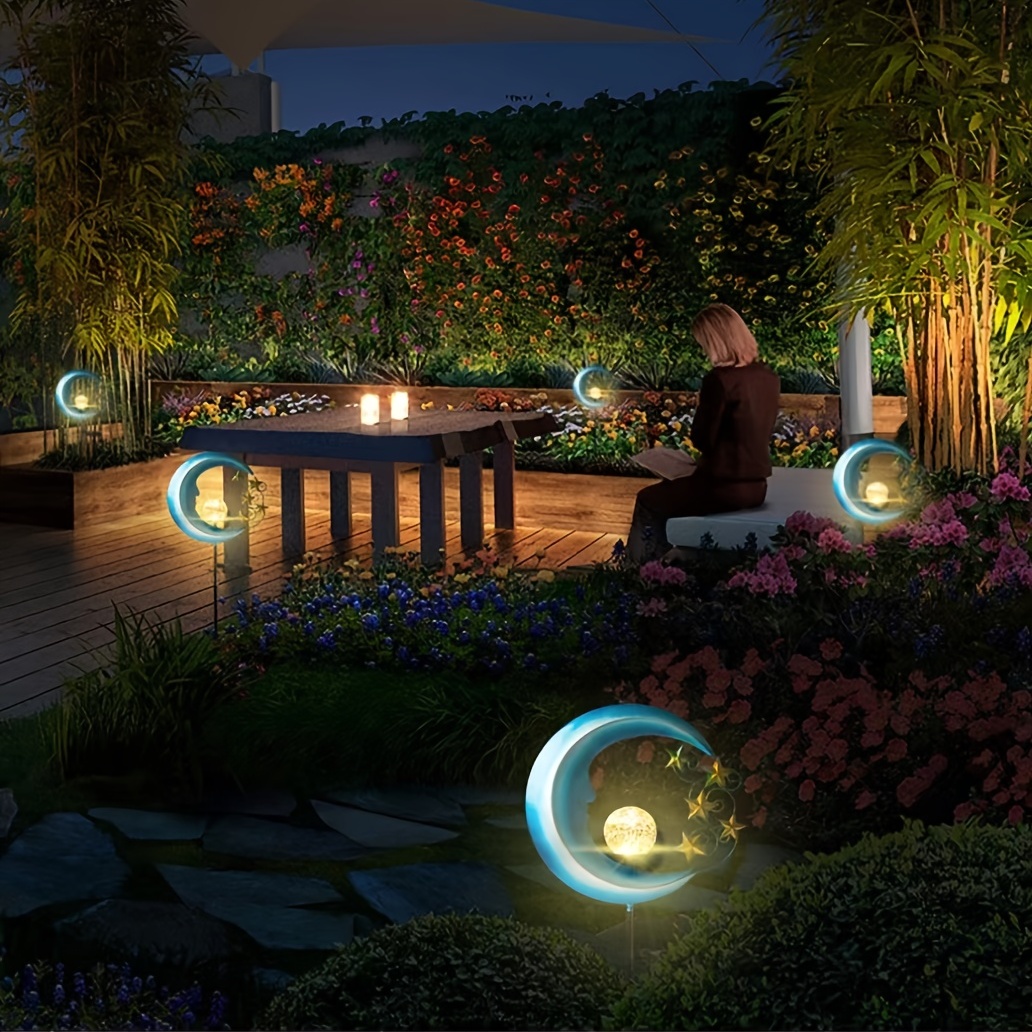 Solar Outdoor Lights Garden Decor, Iron Art, Blue Moon, Star Ground, Outdoor Waterproof Patio Decor Pathway Landscape Lights