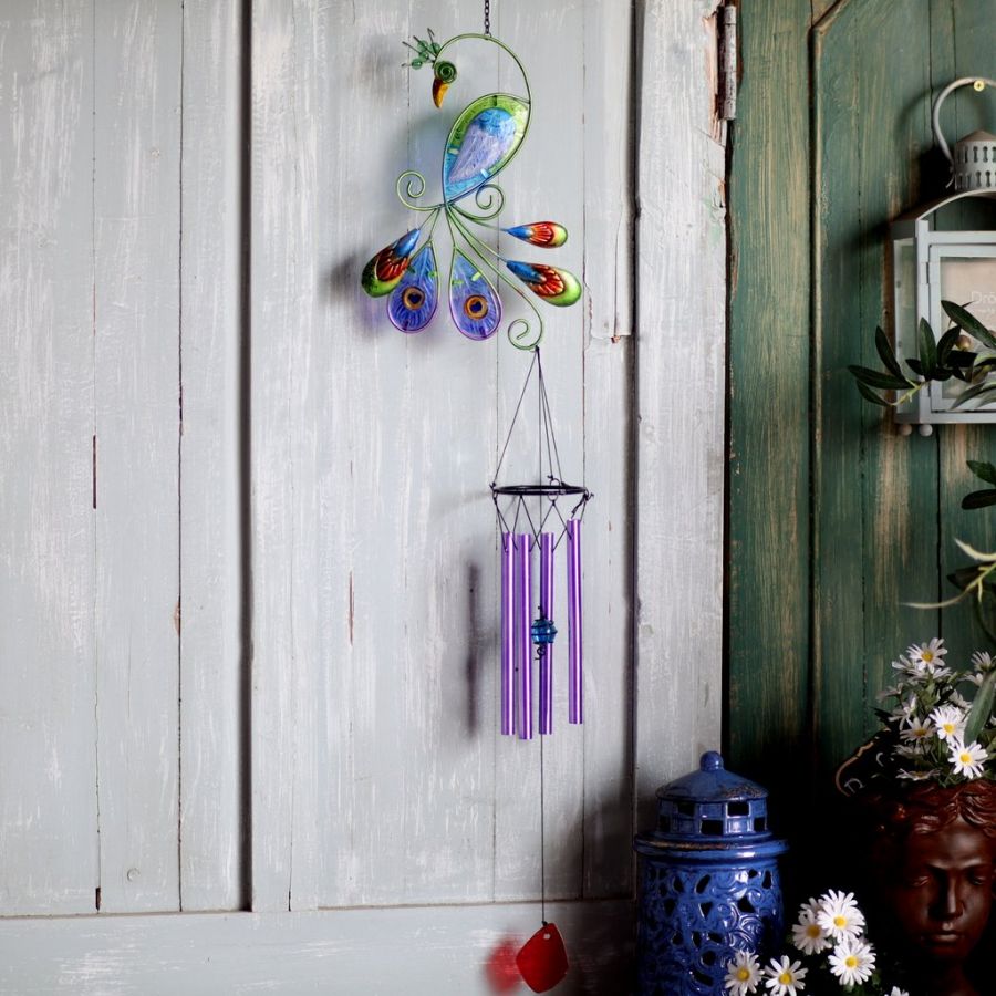Colored Glass and Iron Peacock Wind Chime